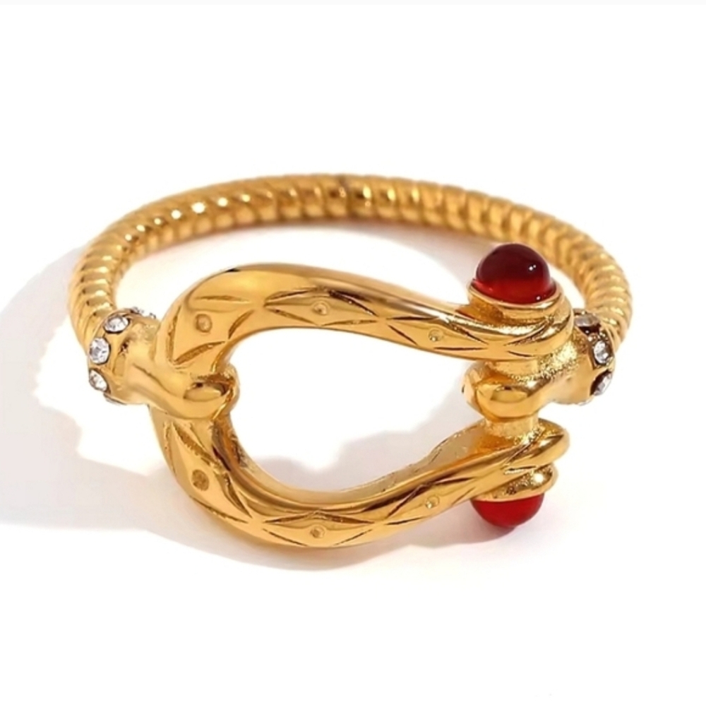 18k Gold Plated Horsebit Equestrian Ruby Cabochon Ring